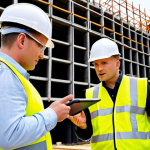 **Prompt:** A dynamic and engaging scene on a modern, active Polish construction site. A proactive OHS (Occupational Health and Safety) engineer, dressed in a safety helmet and vest, is actively conversing with a small group of construction workers. The engineer holds a tablet, pointing to a digital safety plan or risk assessment, demonstrating a collaborative and educational approach. The background features typical Polish construction elements like a crane, scaffolding, and ongoing work, but the focus is on human interaction and a positive safety culture. The lighting is bright and clear, emphasizing professionalism and safety.