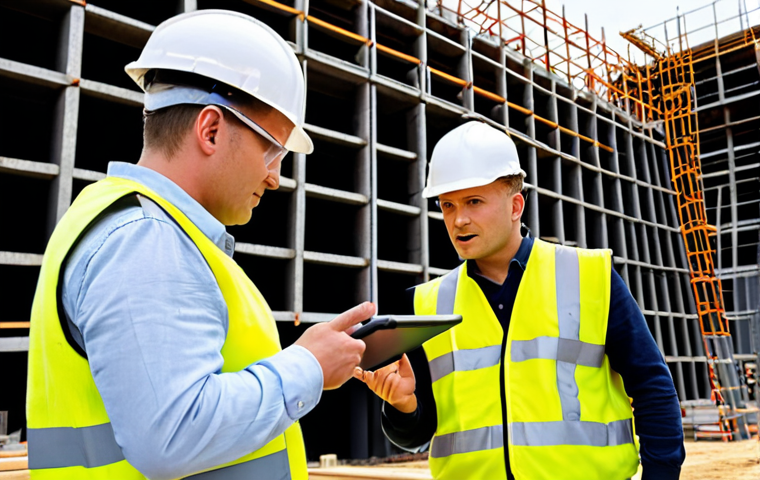**Prompt:** A dynamic and engaging scene on a modern, active Polish construction site. A proactive OHS (Occupational Health and Safety) engineer, dressed in a safety helmet and vest, is actively conversing with a small group of construction workers. The engineer holds a tablet, pointing to a digital safety plan or risk assessment, demonstrating a collaborative and educational approach. The background features typical Polish construction elements like a crane, scaffolding, and ongoing work, but the focus is on human interaction and a positive safety culture. The lighting is bright and clear, emphasizing professionalism and safety.